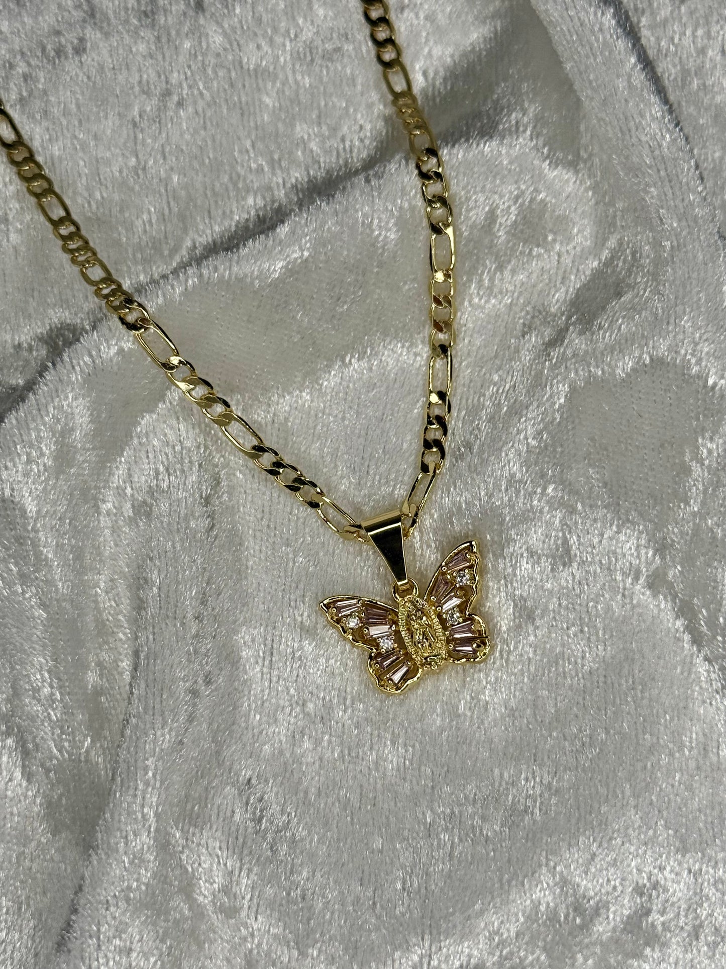 Pink virgencita de Guadalupe butterfly necklace