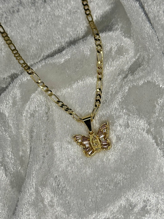Pink virgencita de Guadalupe butterfly necklace