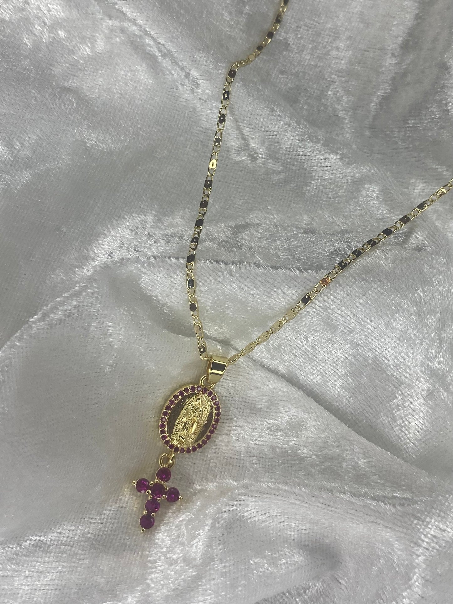 Hot pink mini virgencita cross necklace