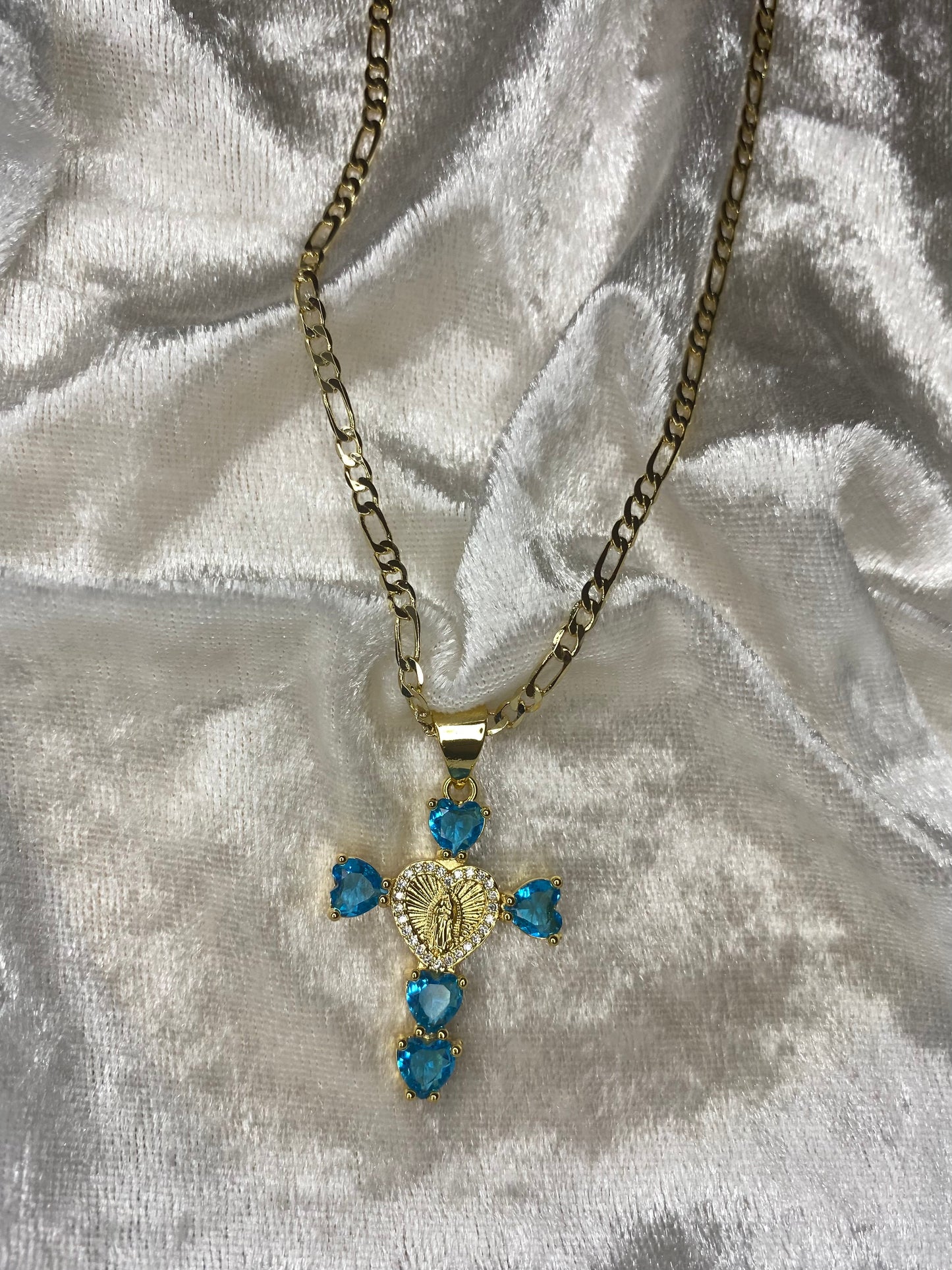 BLUE VIRGENCITA CROSS NECKLACE