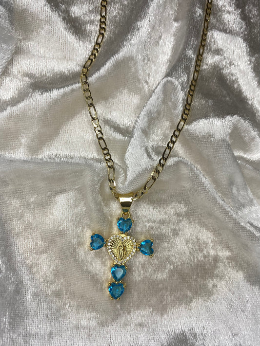 BLUE VIRGENCITA CROSS NECKLACE